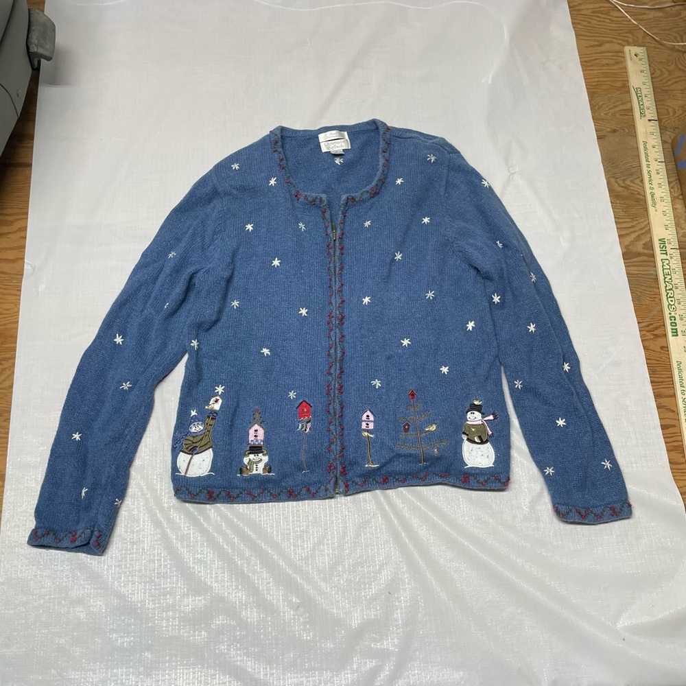 Christopher & Banks Blue Embroidered Snowman Cardigan